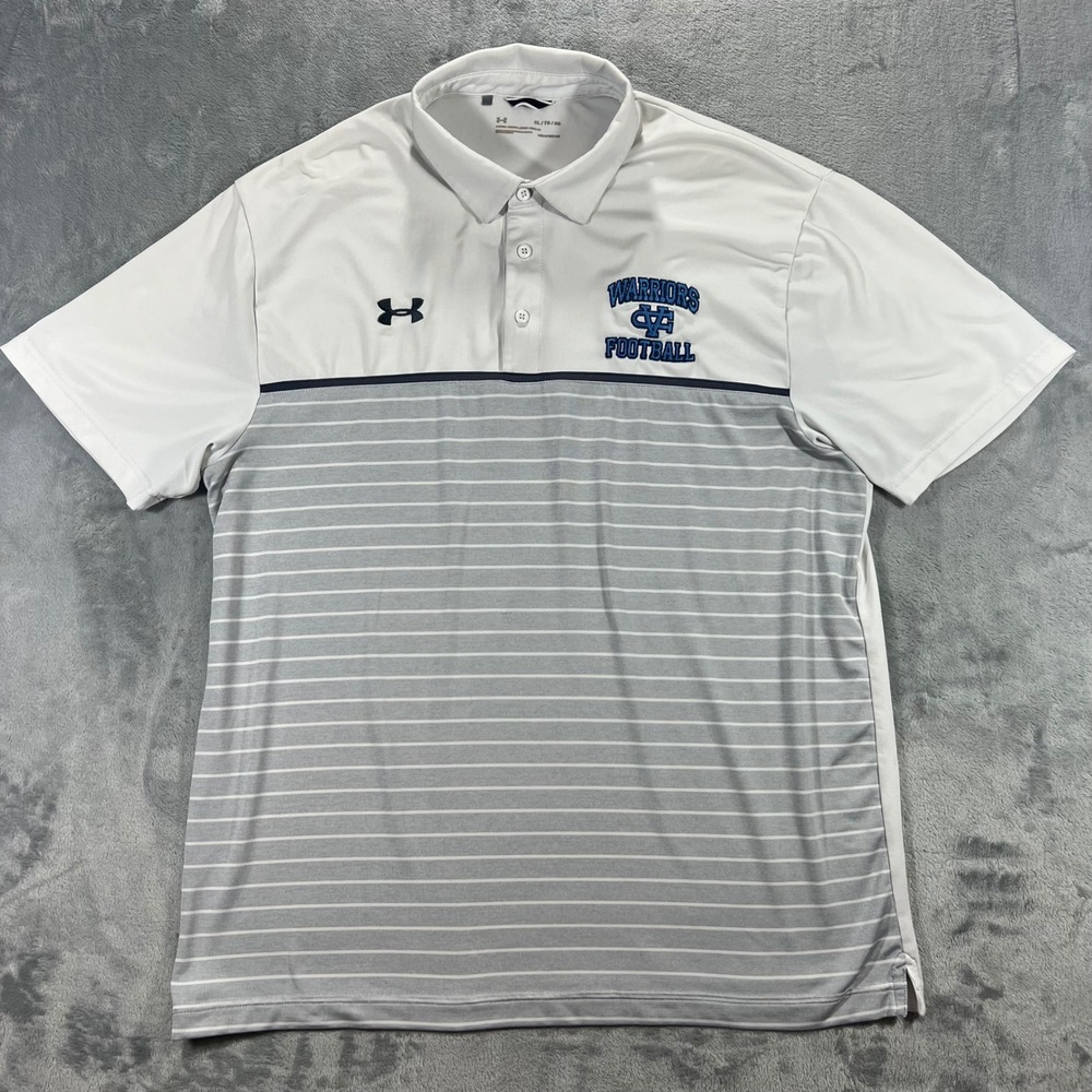 UNDER‎ ARMOUR Polo Shirt Mens XL White Grey Warriors Football HeatGear Striped